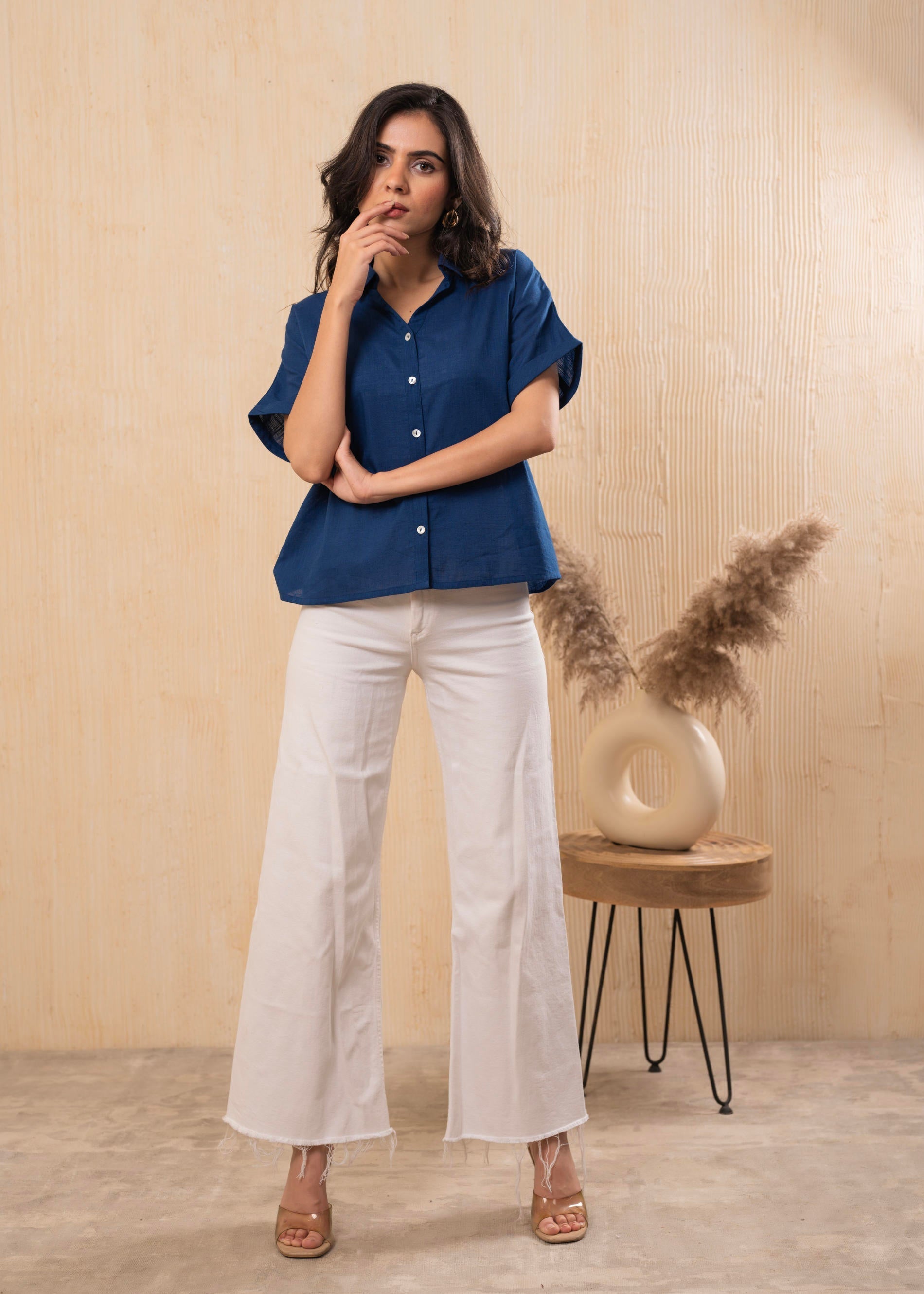 Teal Blue Oversized Boxy Shirt with Front Button Closure | DesiQlo