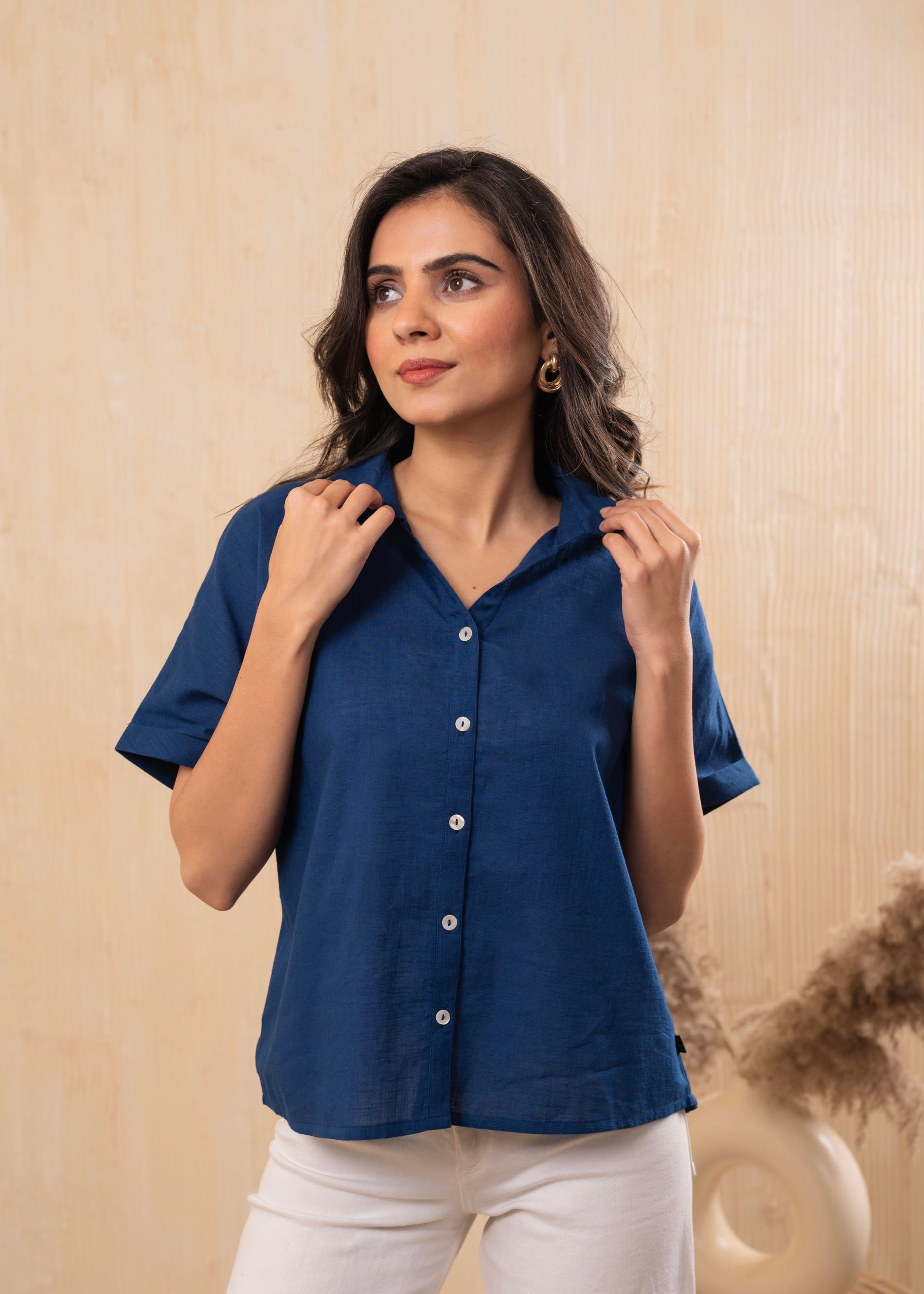 Teal Blue Oversized Boxy Shirt with Front Button Closure | DesiQlo