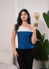 Lamora Off-White & Blue Colorblock  Casual Top