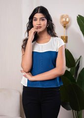 Lamora Off-White & Blue Colorblock  Casual Top