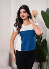 Lamora Off-White & Blue Colorblock  Casual Top