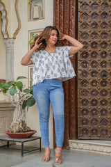 Lamora Blue Blossom Pleated Cape Top