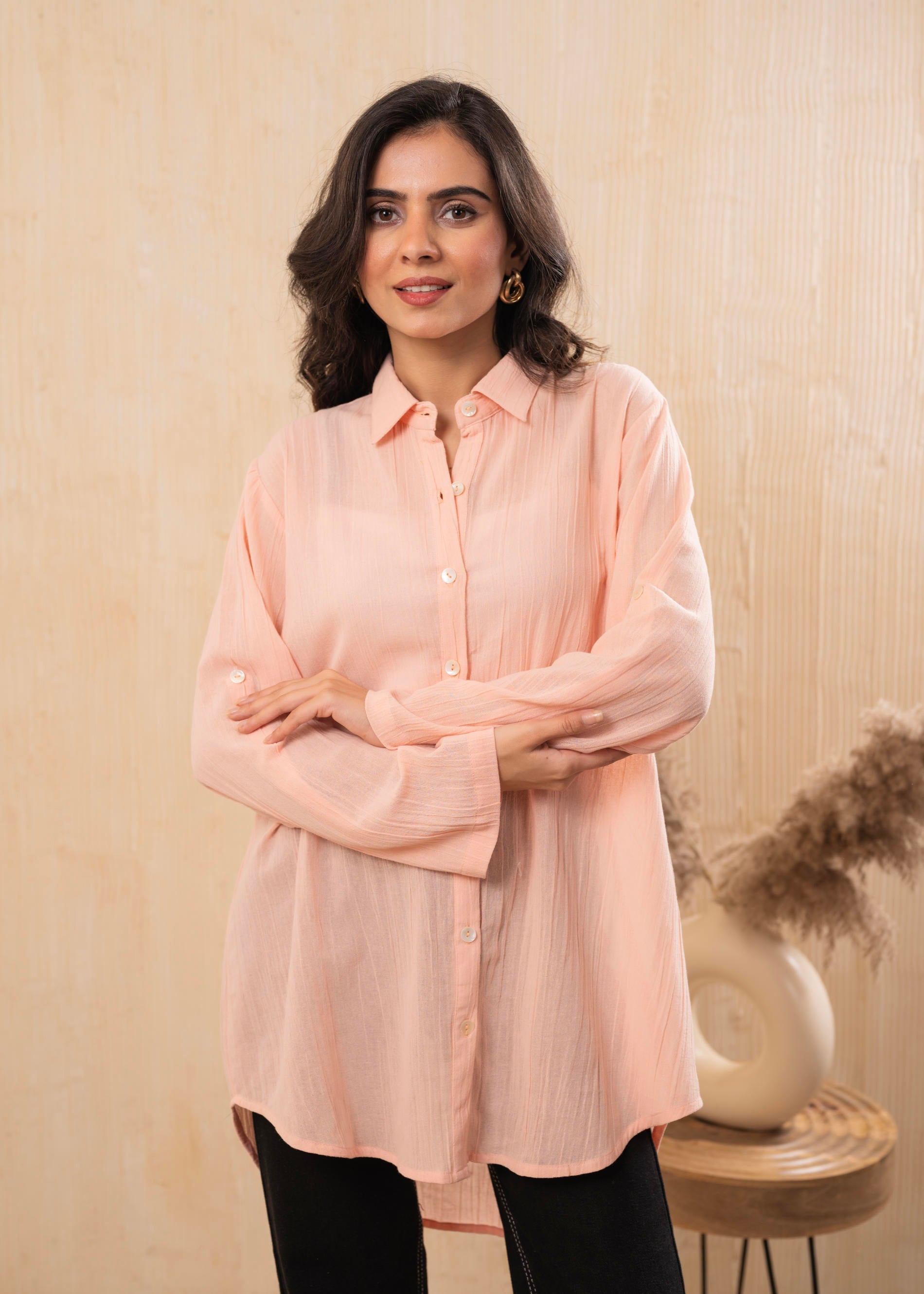 Soft Peach Oversized Relaxed Shirt Tunic | DesiQlo