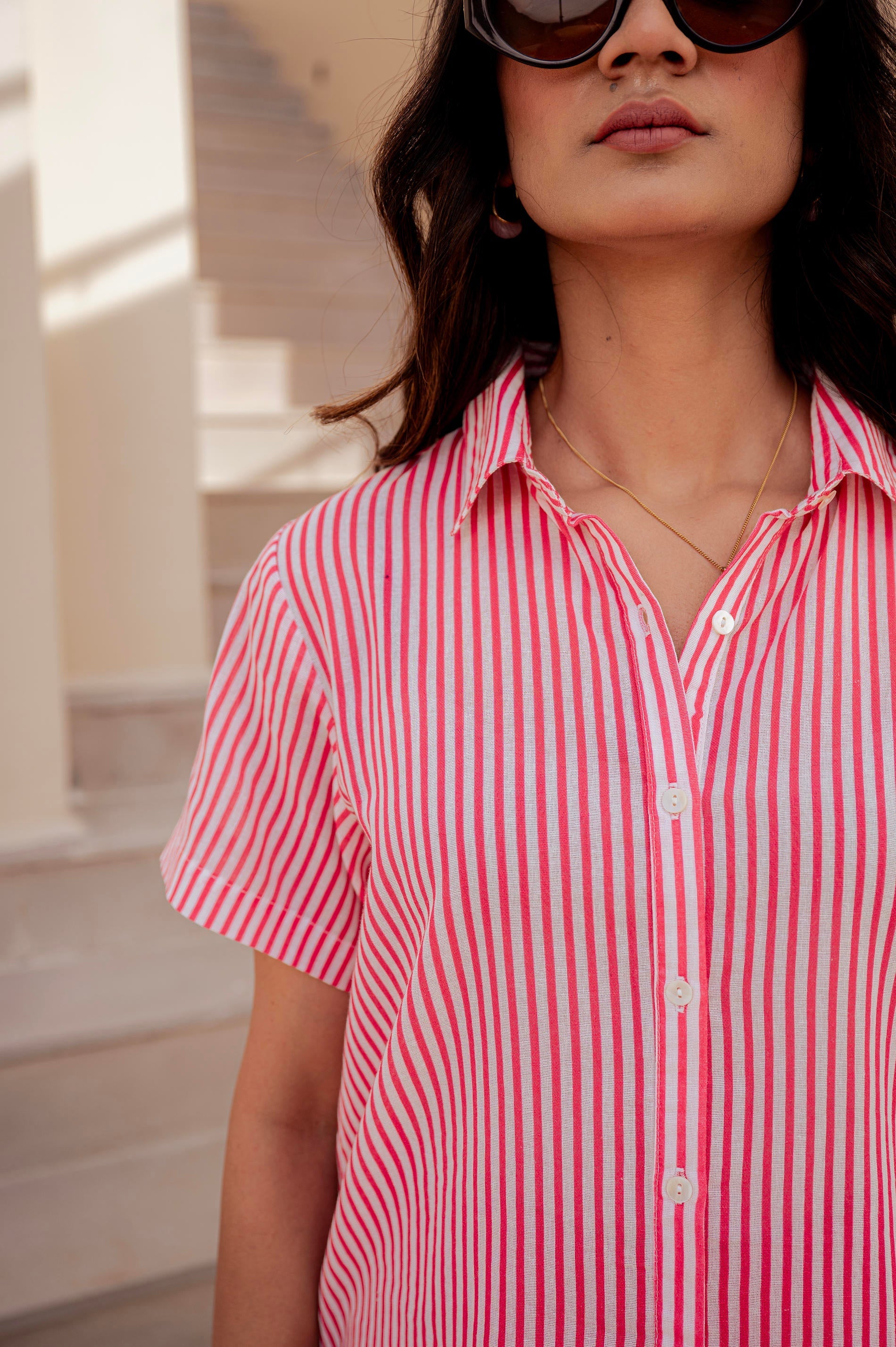 Vertical Striped Short-Sleeve Shirt | DesiQlo