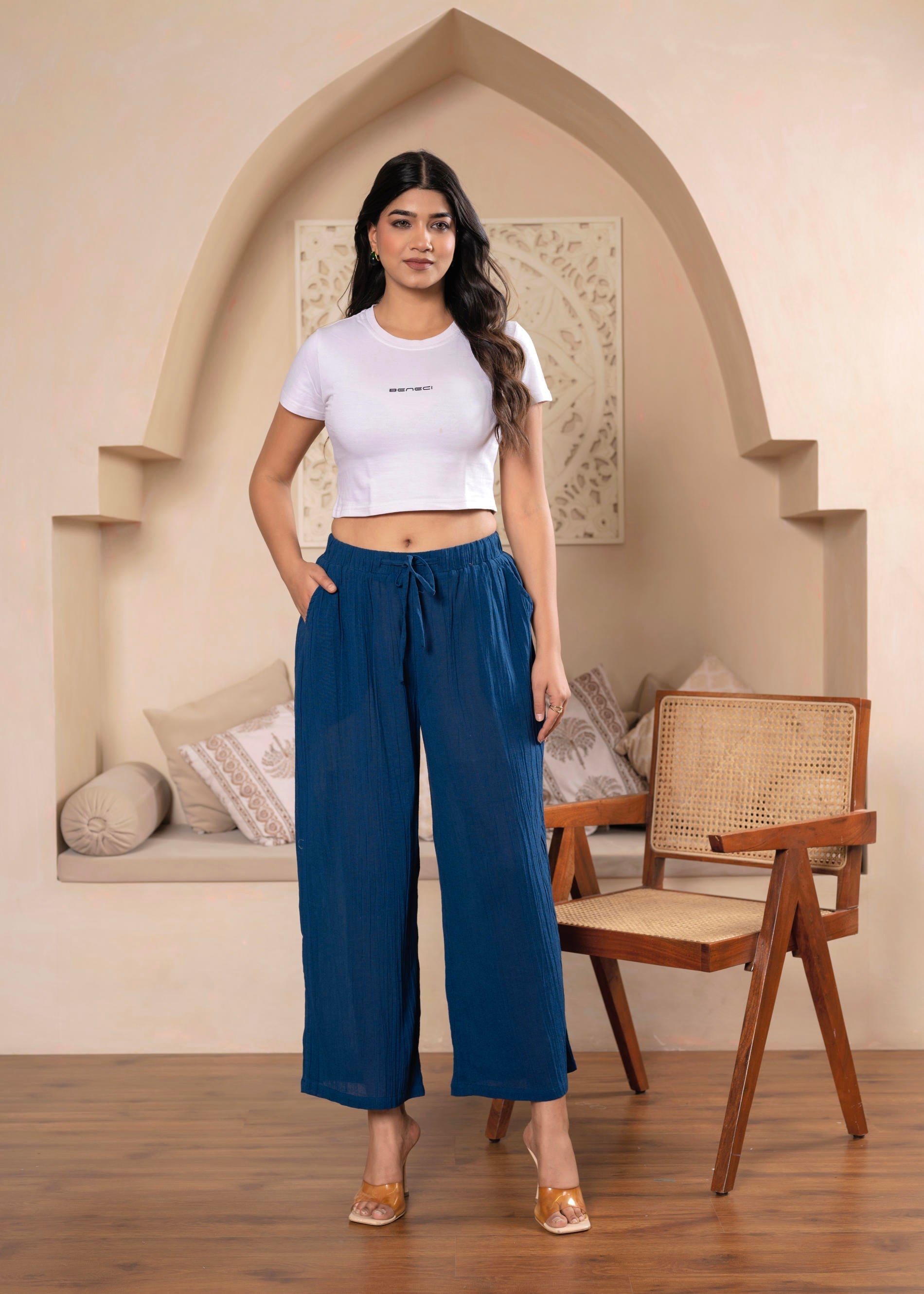Women’s Blue Wide-Leg Tie-Up Palazzo Pants | DesiQlo
