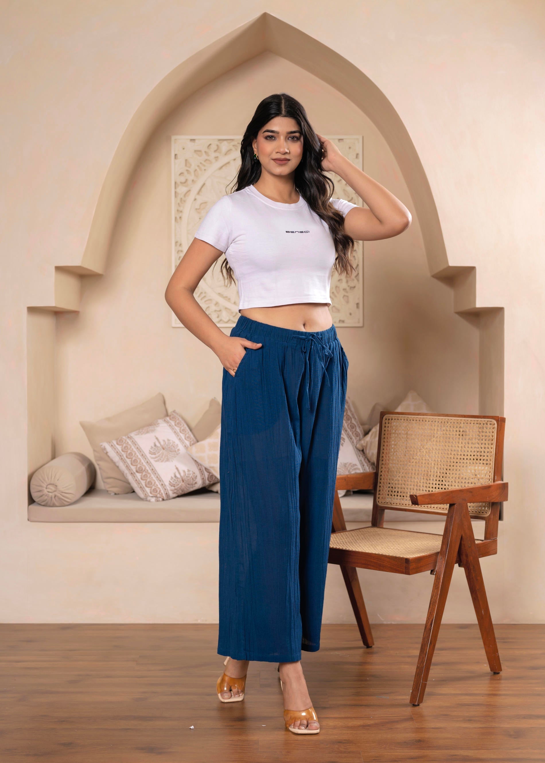 Women’s Blue Wide-Leg Tie-Up Palazzo Pants | DesiQlo