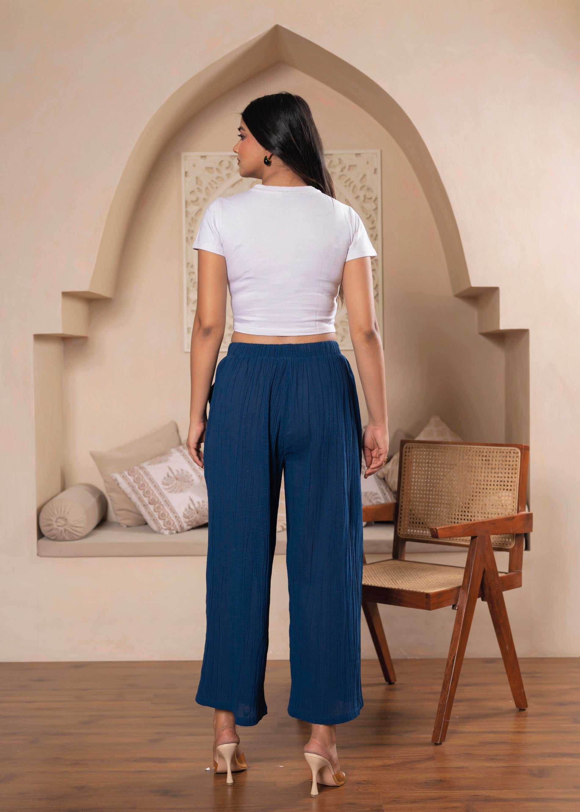 Women’s Blue Wide-Leg Tie-Up Palazzo Pants | DesiQlo