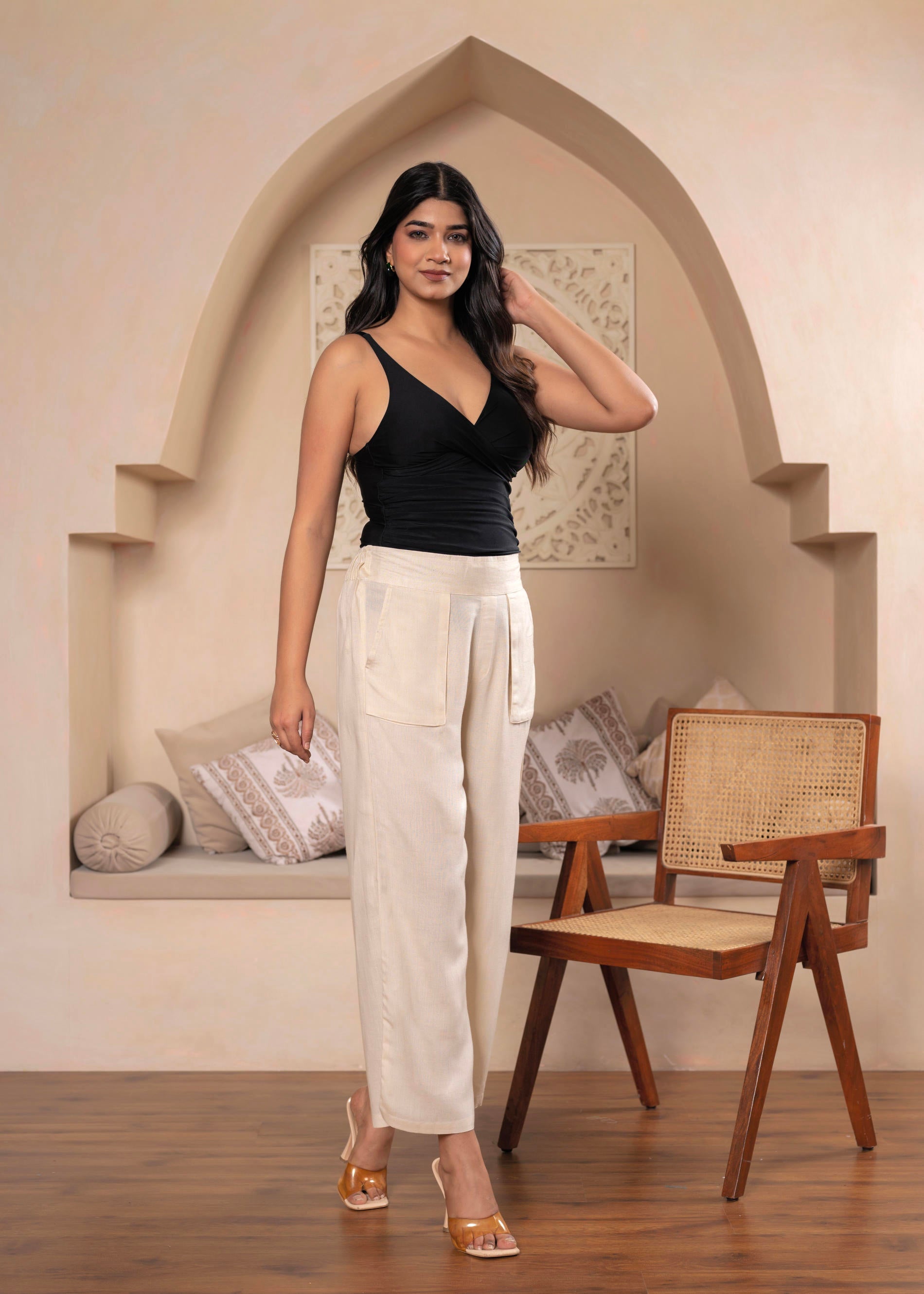 Women’s Beige Wide-Leg palazzo with utility pockets | DesiQlo