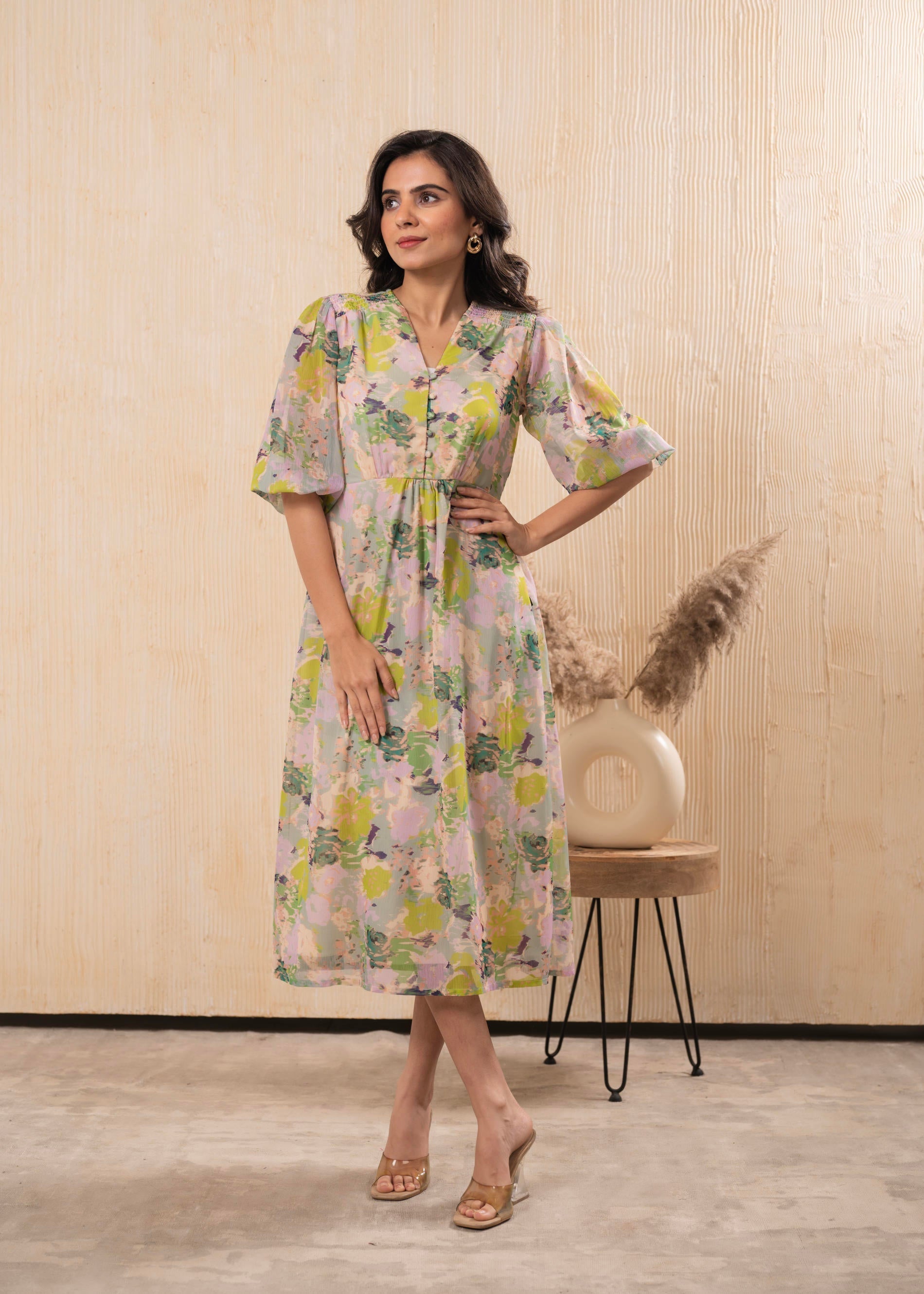 Pastel Floral A-Line Midi Dress