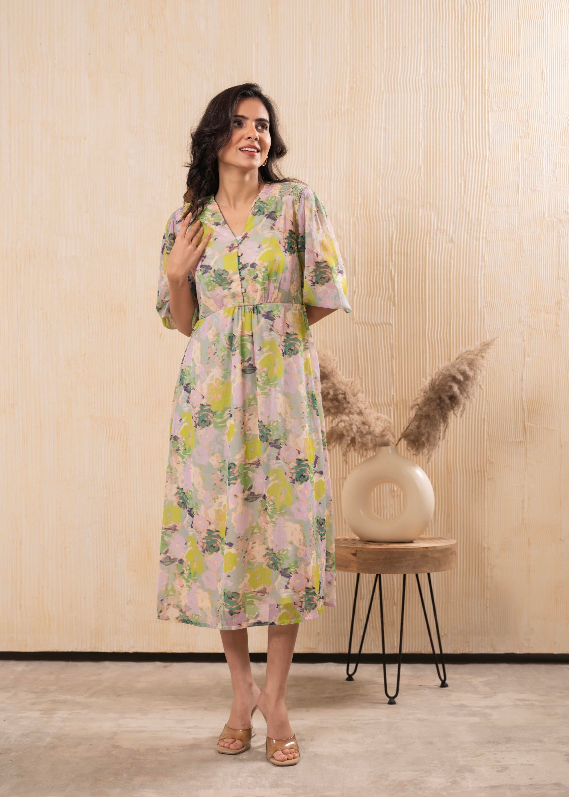 Pastel Floral A-Line Midi Dress | DesiQlo