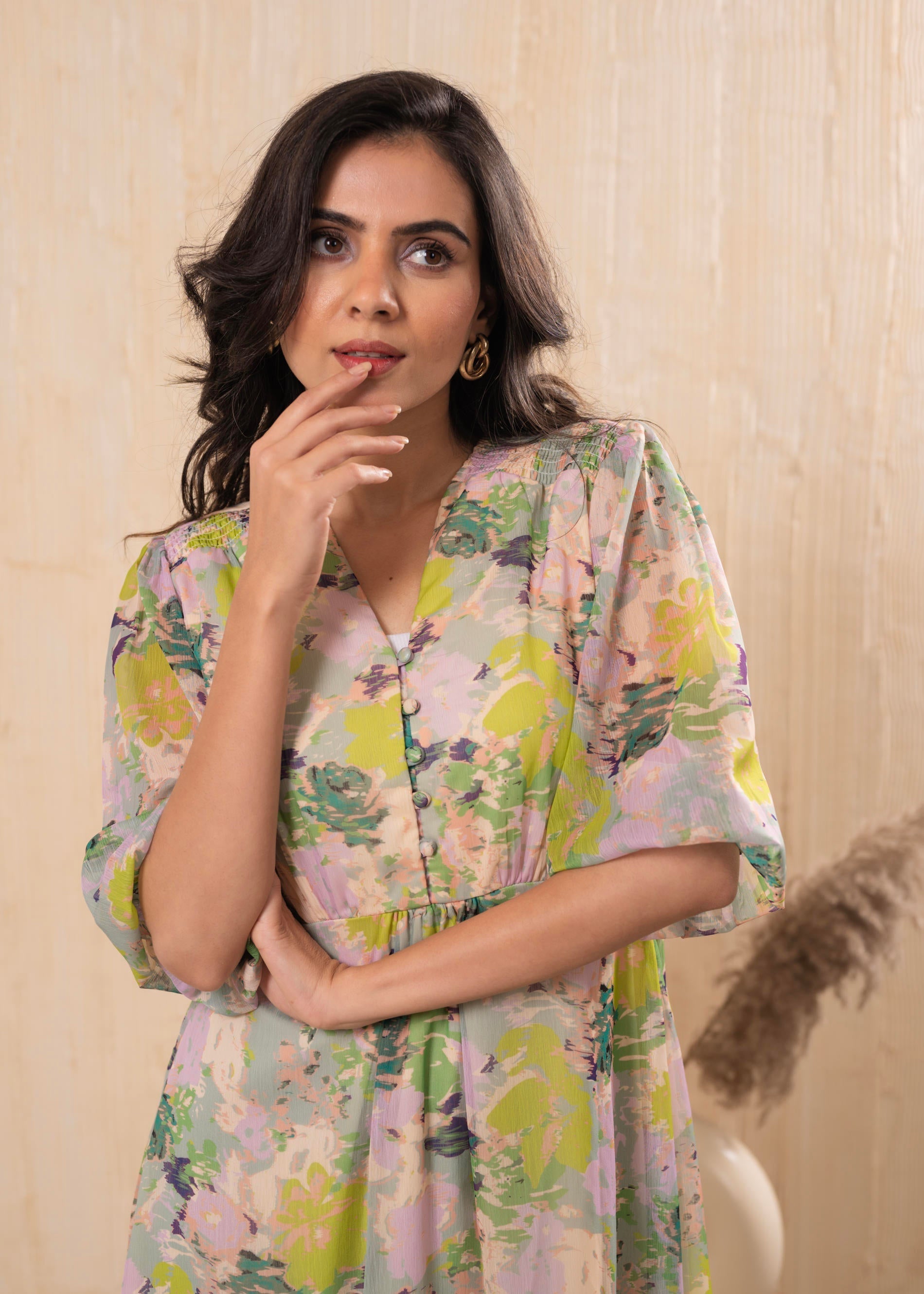 Pastel Floral A-Line Midi Dress | DesiQlo