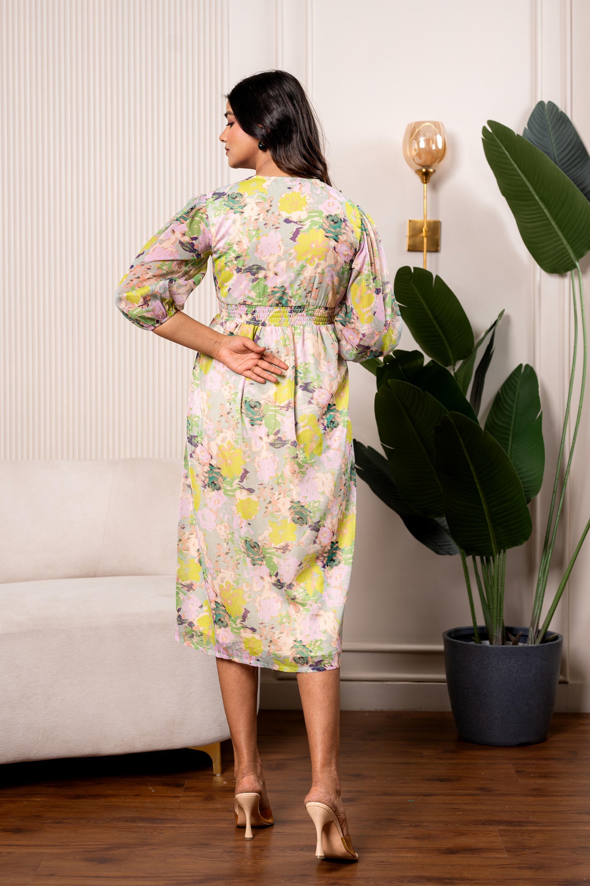 Pastel Floral A-Line Midi Dress | DesiQlo