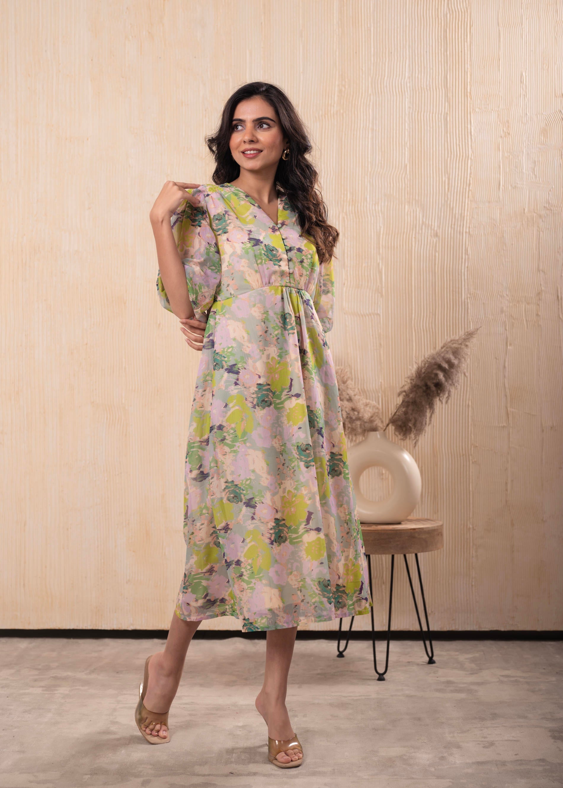 Pastel Floral A-Line Midi Dress | DesiQlo