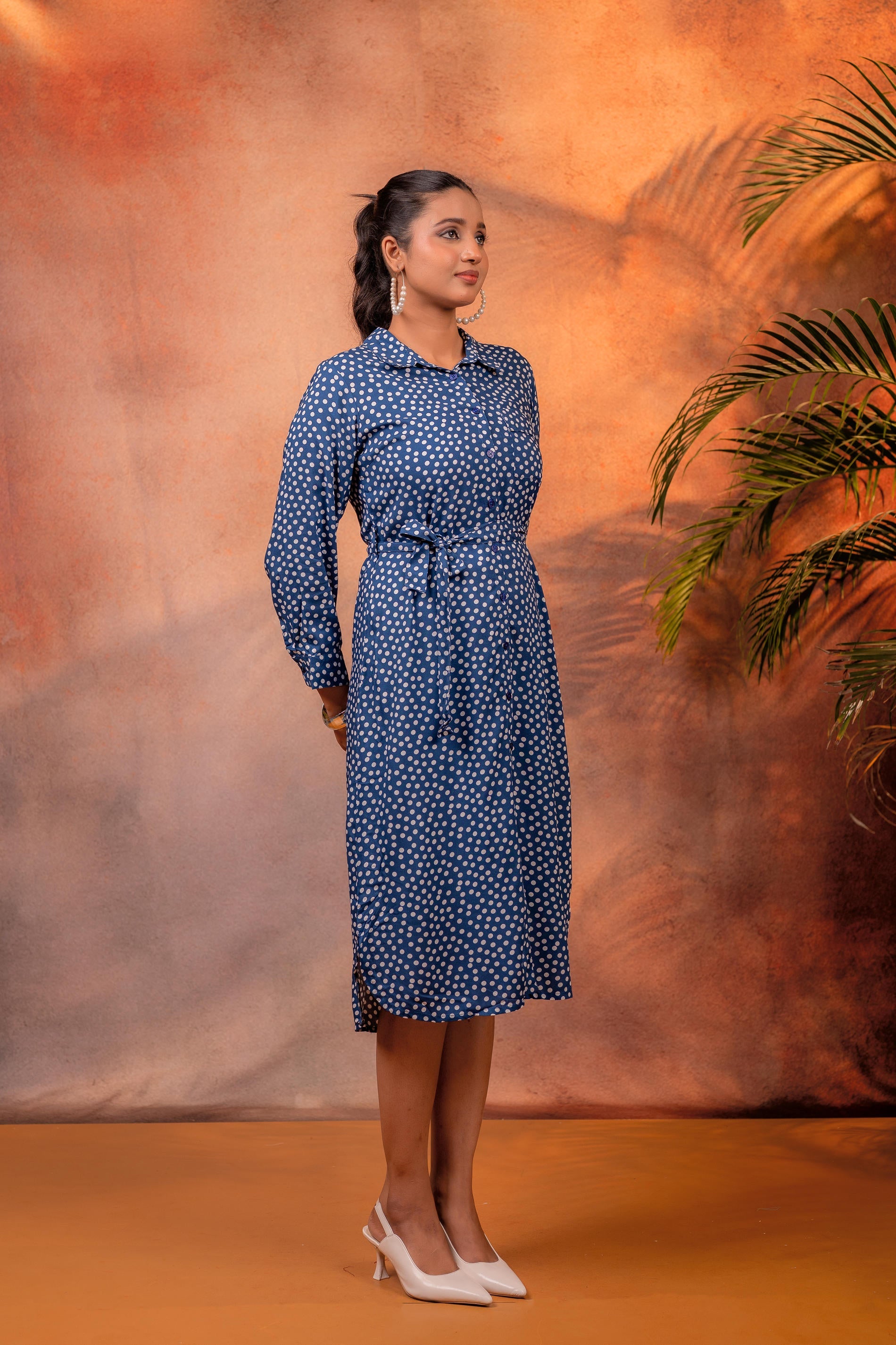 Navy Blue Polka Dot Shirt Dress with Waist Tie