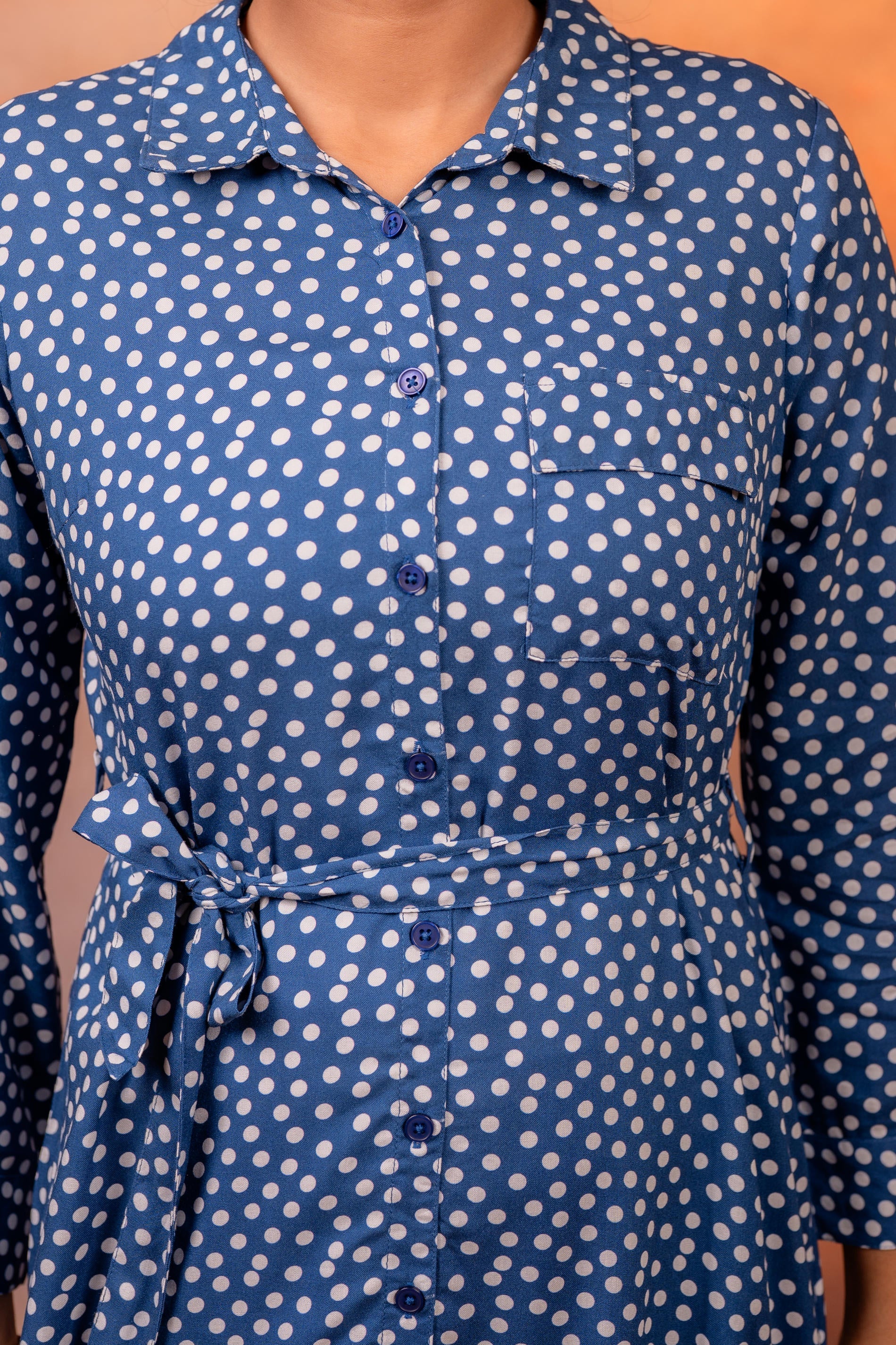 Navy Blue Polka Dot Shirt Dress with Waist Tie