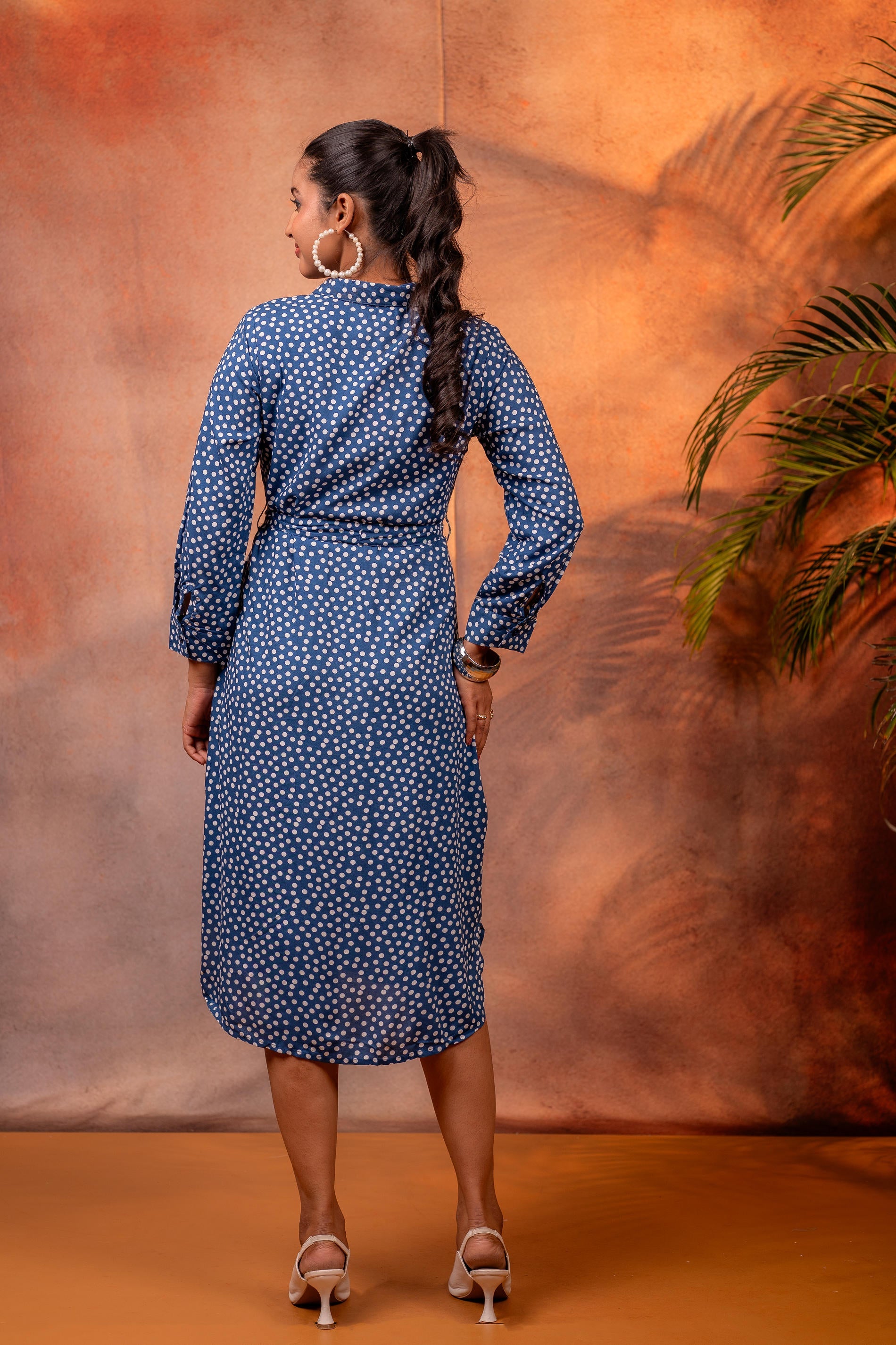 Navy Blue Polka Dot Shirt Dress with Waist Tie
