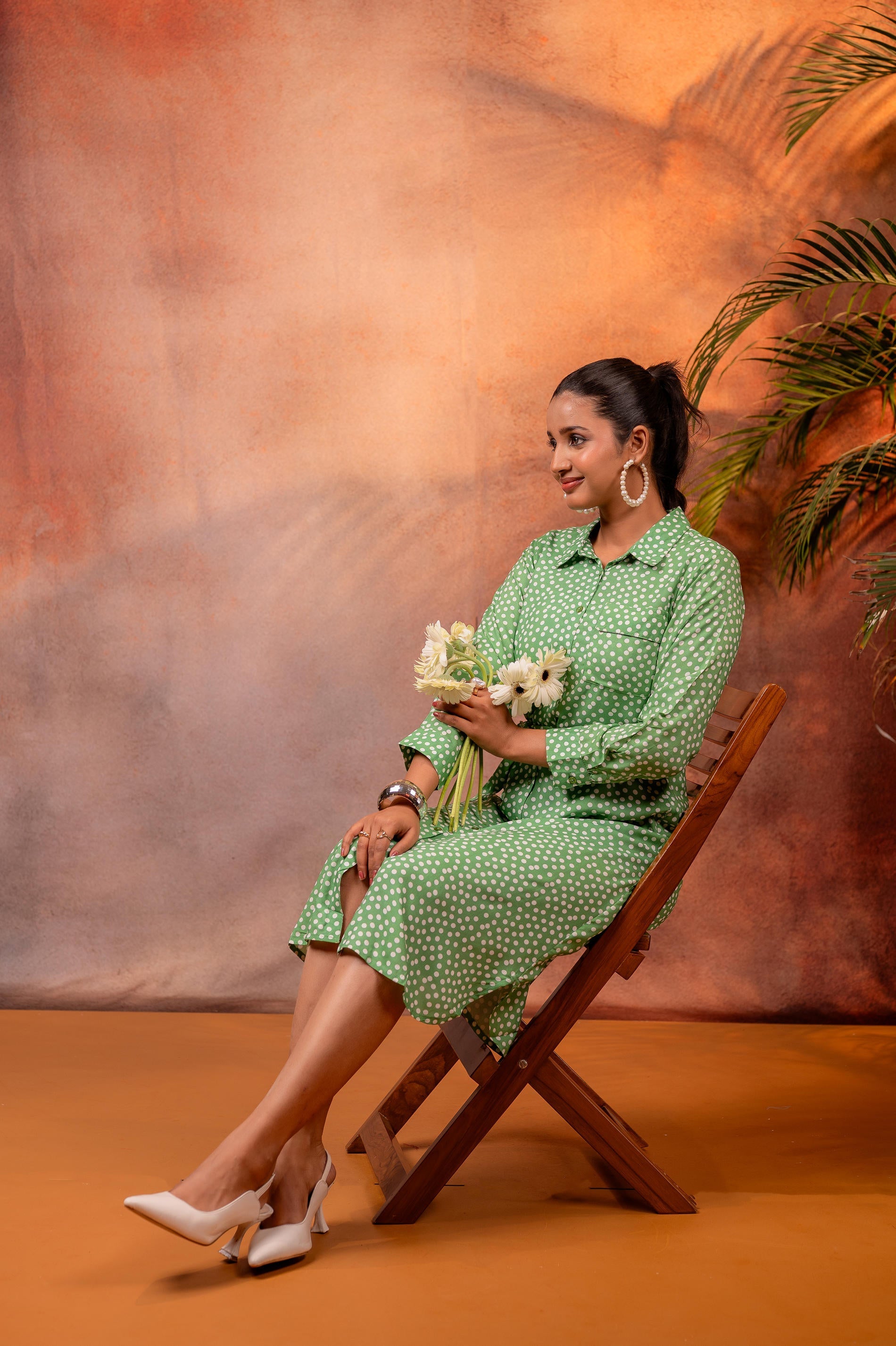 Green Polka Dot Shirt Dress with Waist Tie