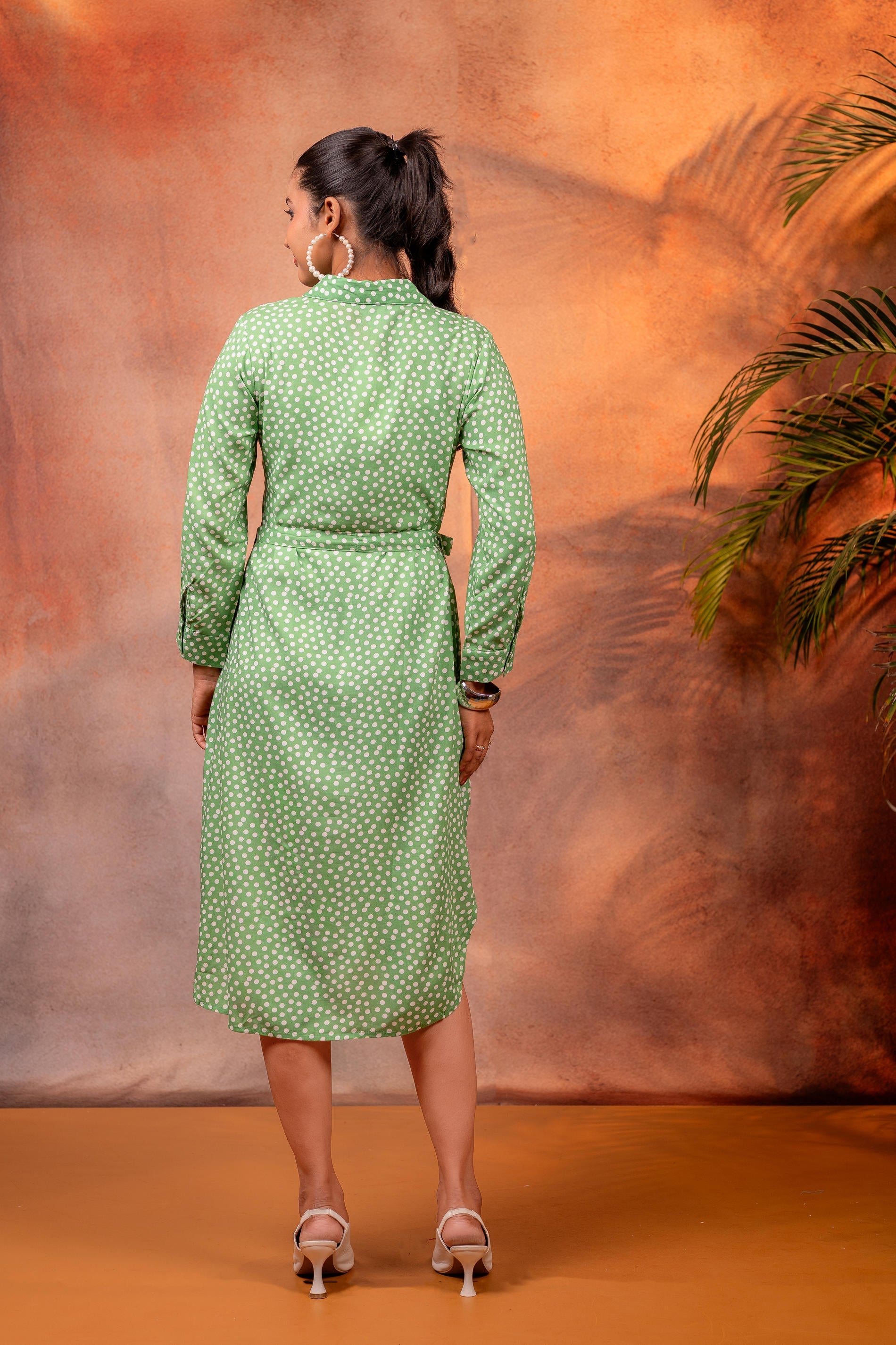 Green Polka Dot Shirt Dress with Waist Tie