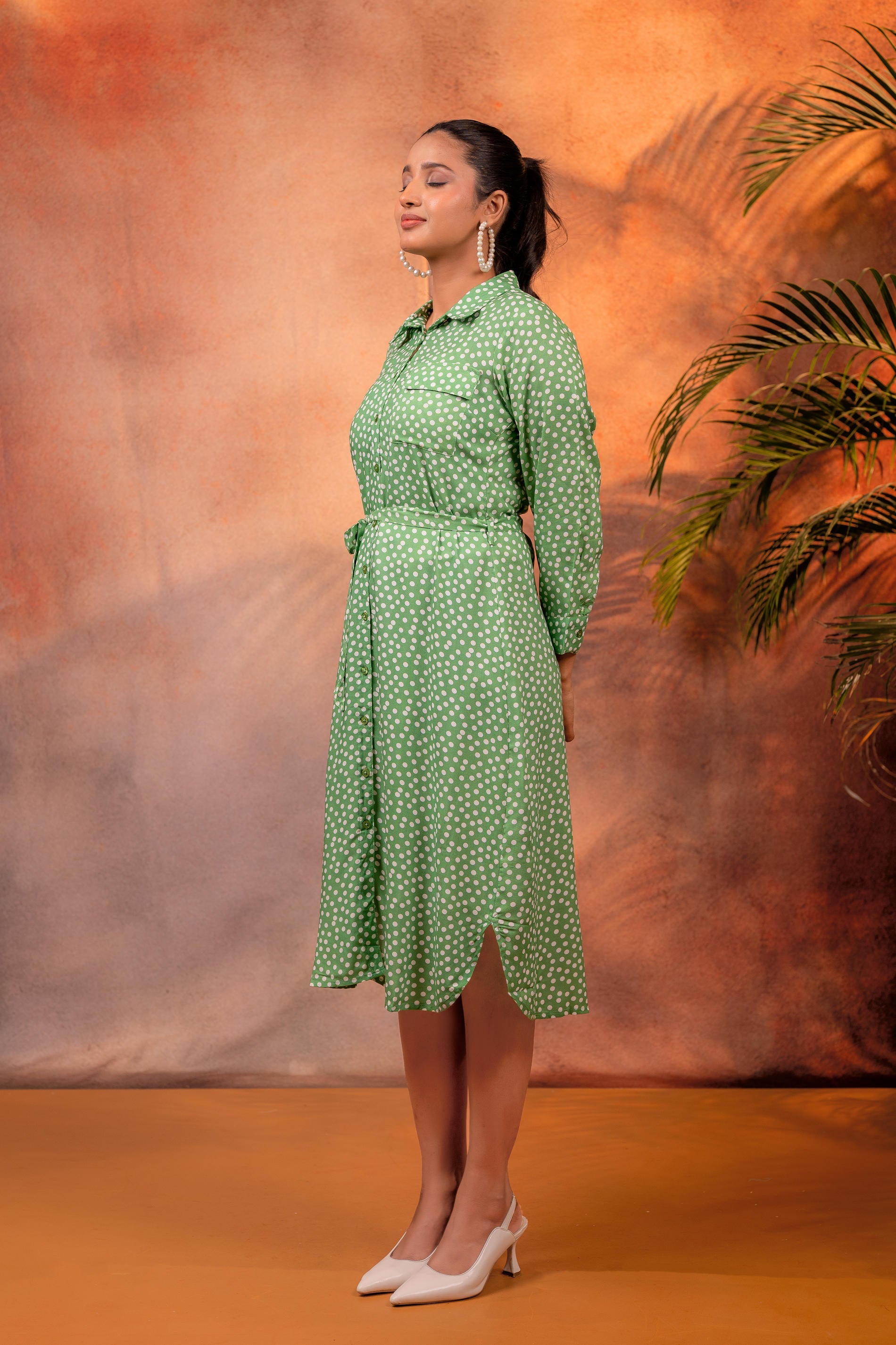 Green Polka Dot Shirt Dress with Waist Tie