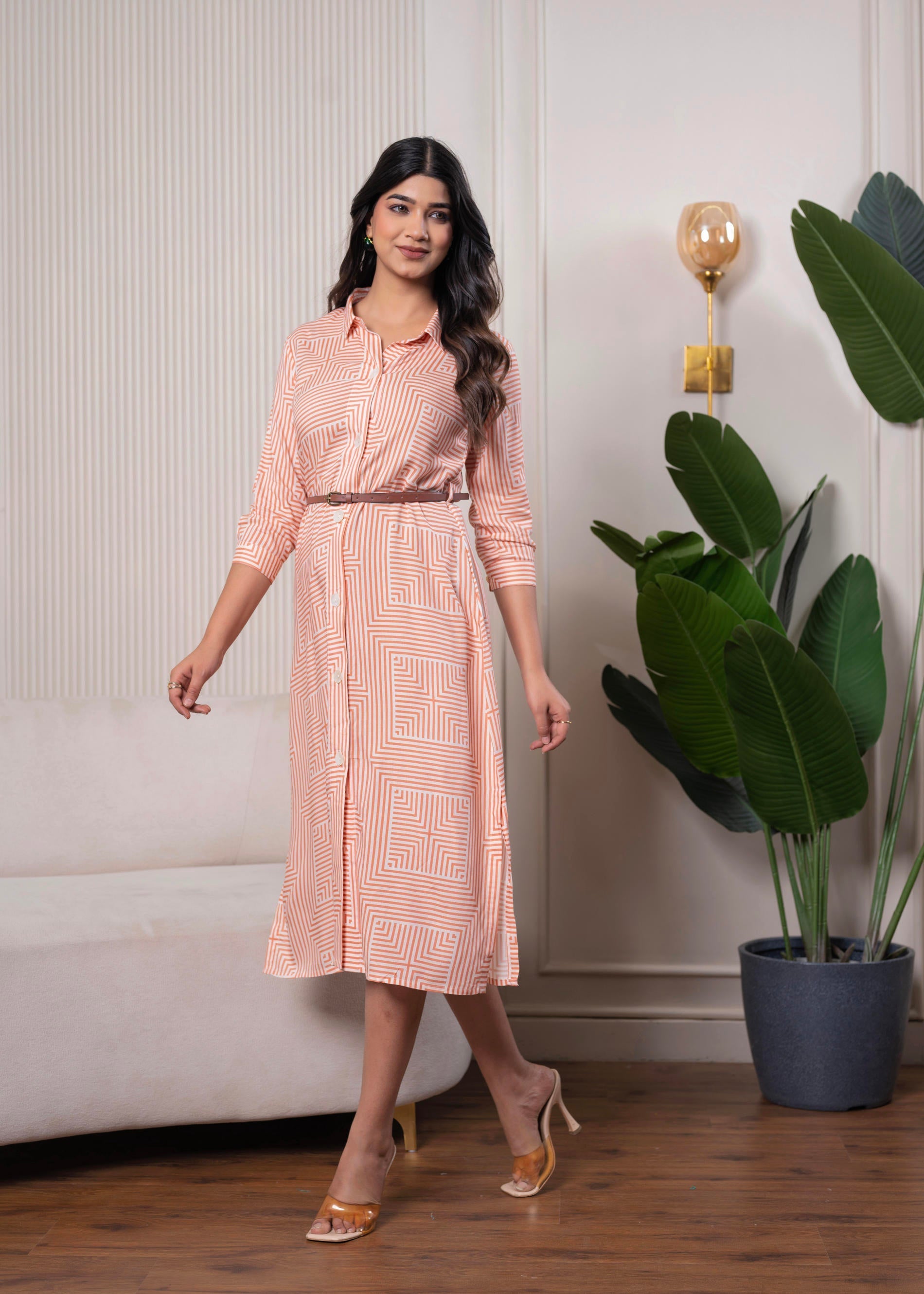 Peach & White Geometric Button-Down Midi Shirt Dress with Waist Belt |