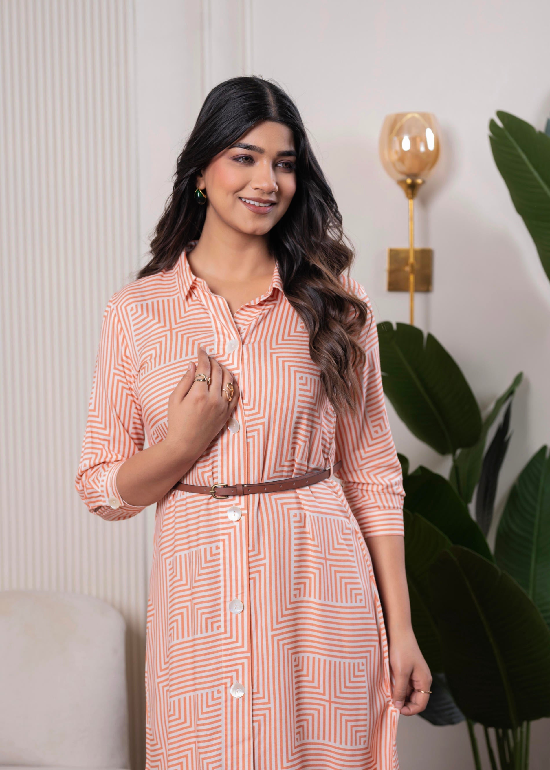 Peach & White Geometric Button-Down Midi Shirt Dress with Waist Belt |