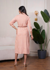 Lamora Peach & White Geometric Button-Down Midi Shirt Dress with Waist Belt