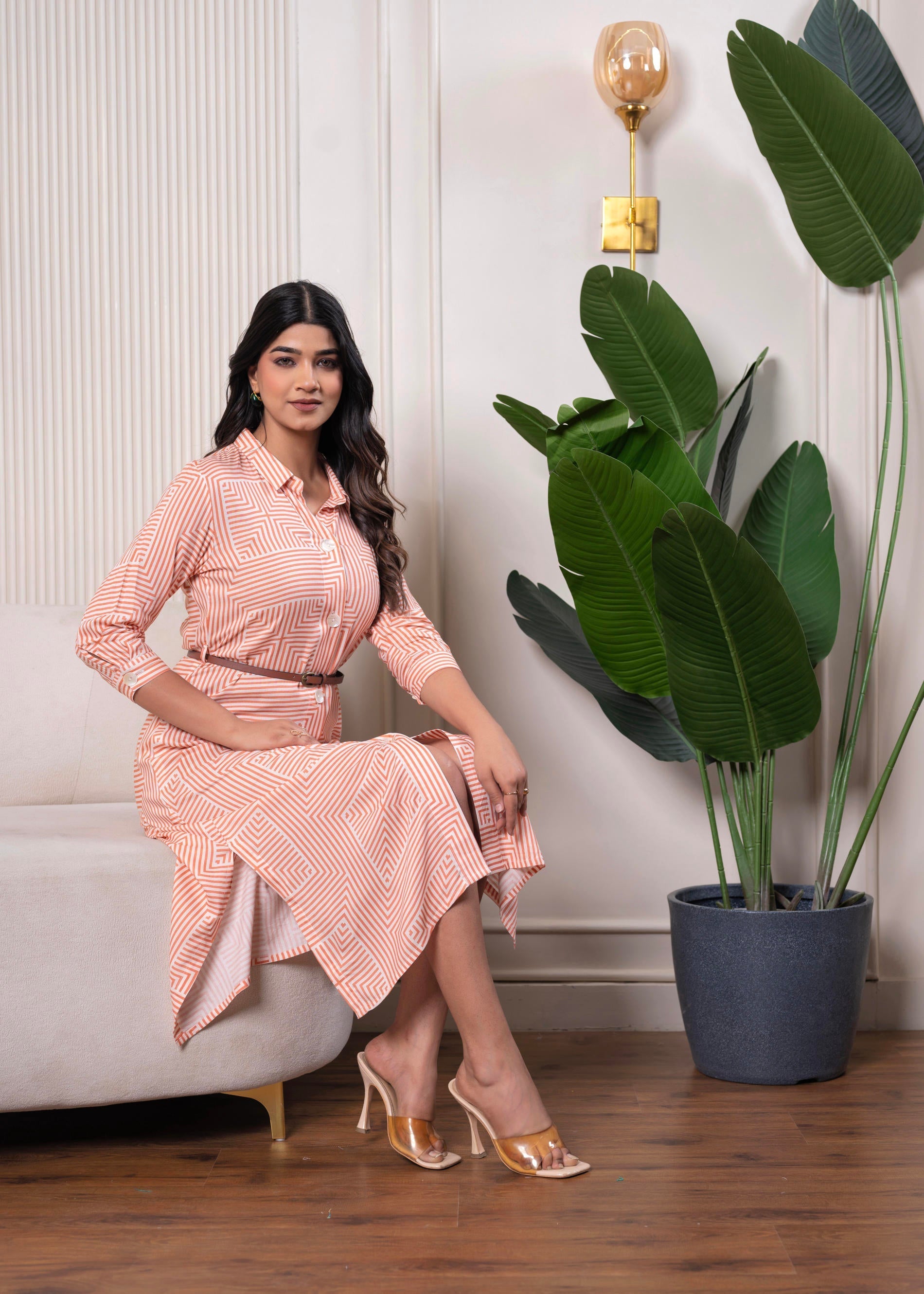 Peach & White Geometric Button-Down Midi Shirt Dress with Waist Belt |
