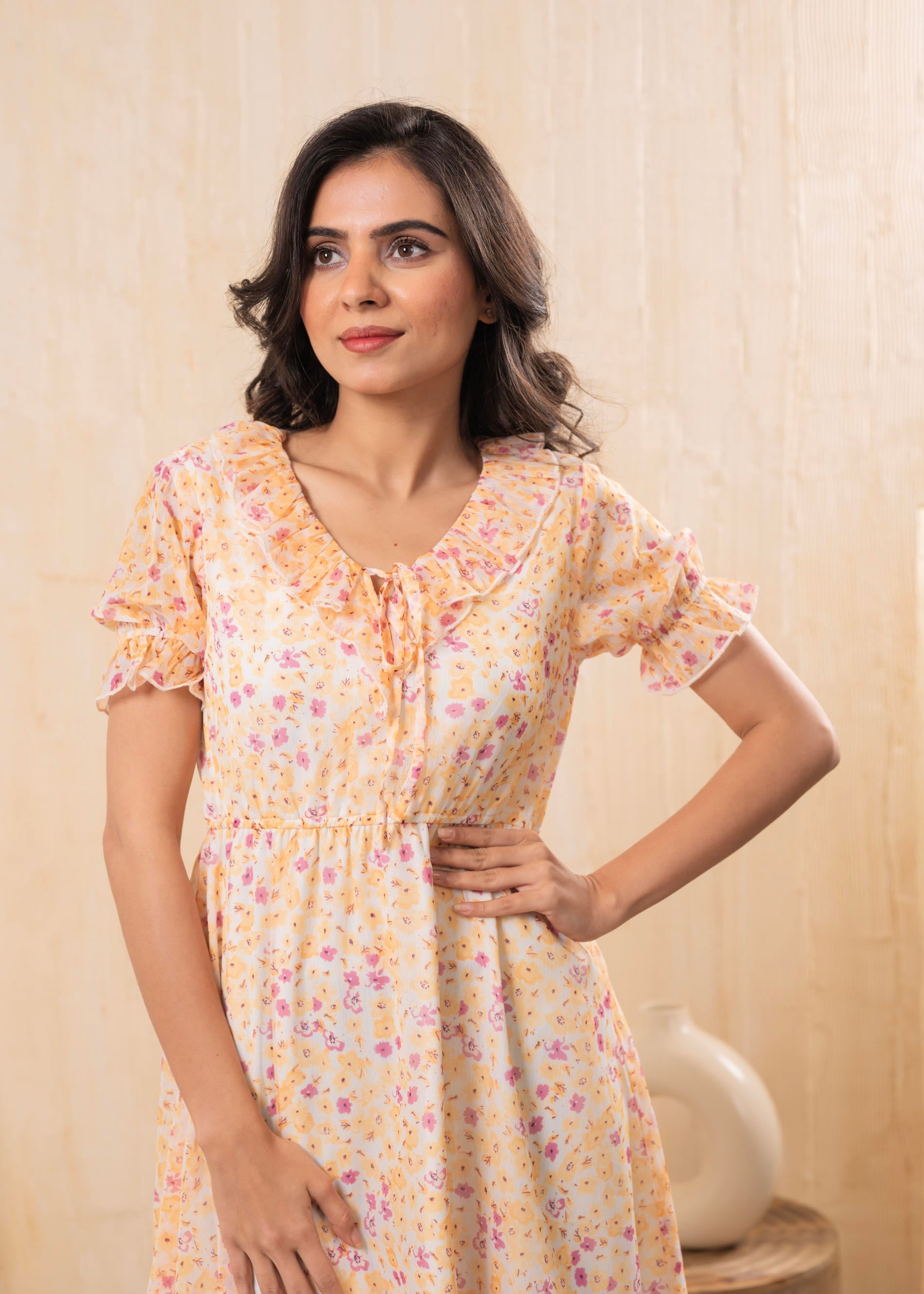 Pastel Peach Floral Fit & Flare Short Dress | DesiQlo