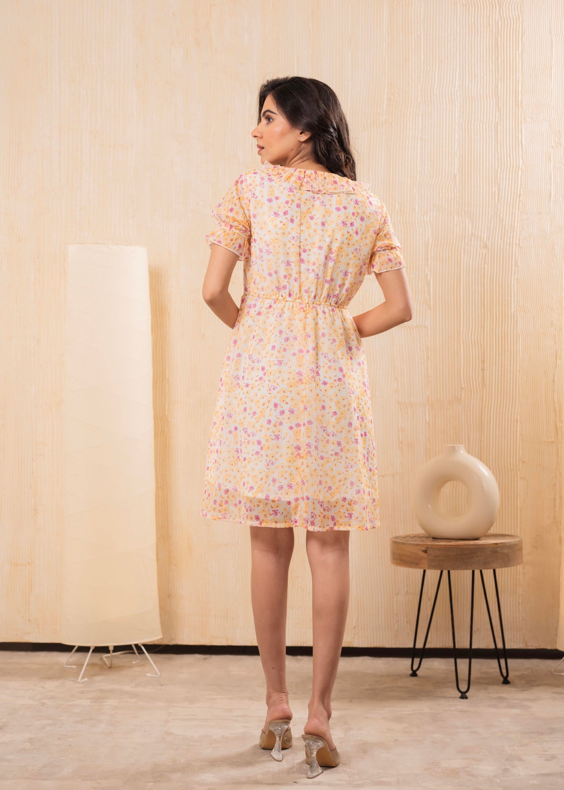 Pastel Peach Floral Fit & Flare Short Dress | DesiQlo