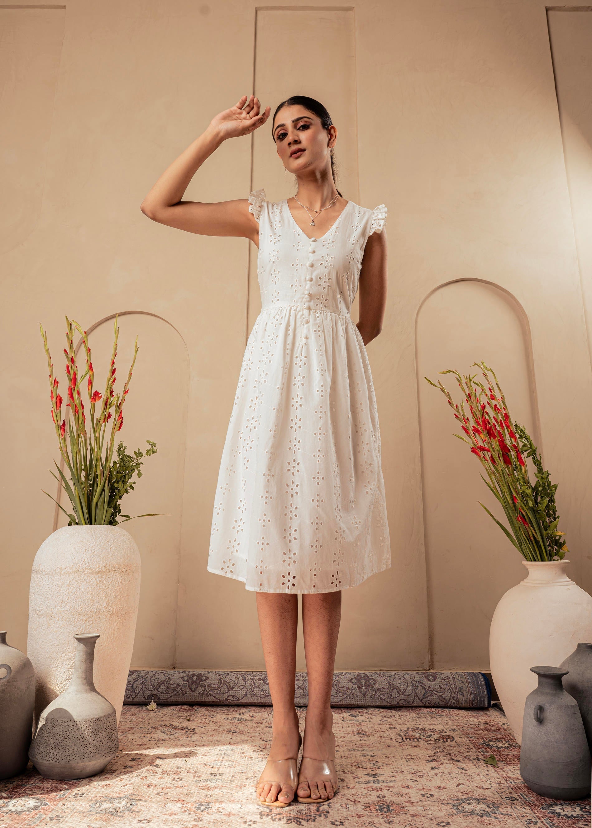 Cotton Midi Dress with Ruffled Sleeves | DesiQlo