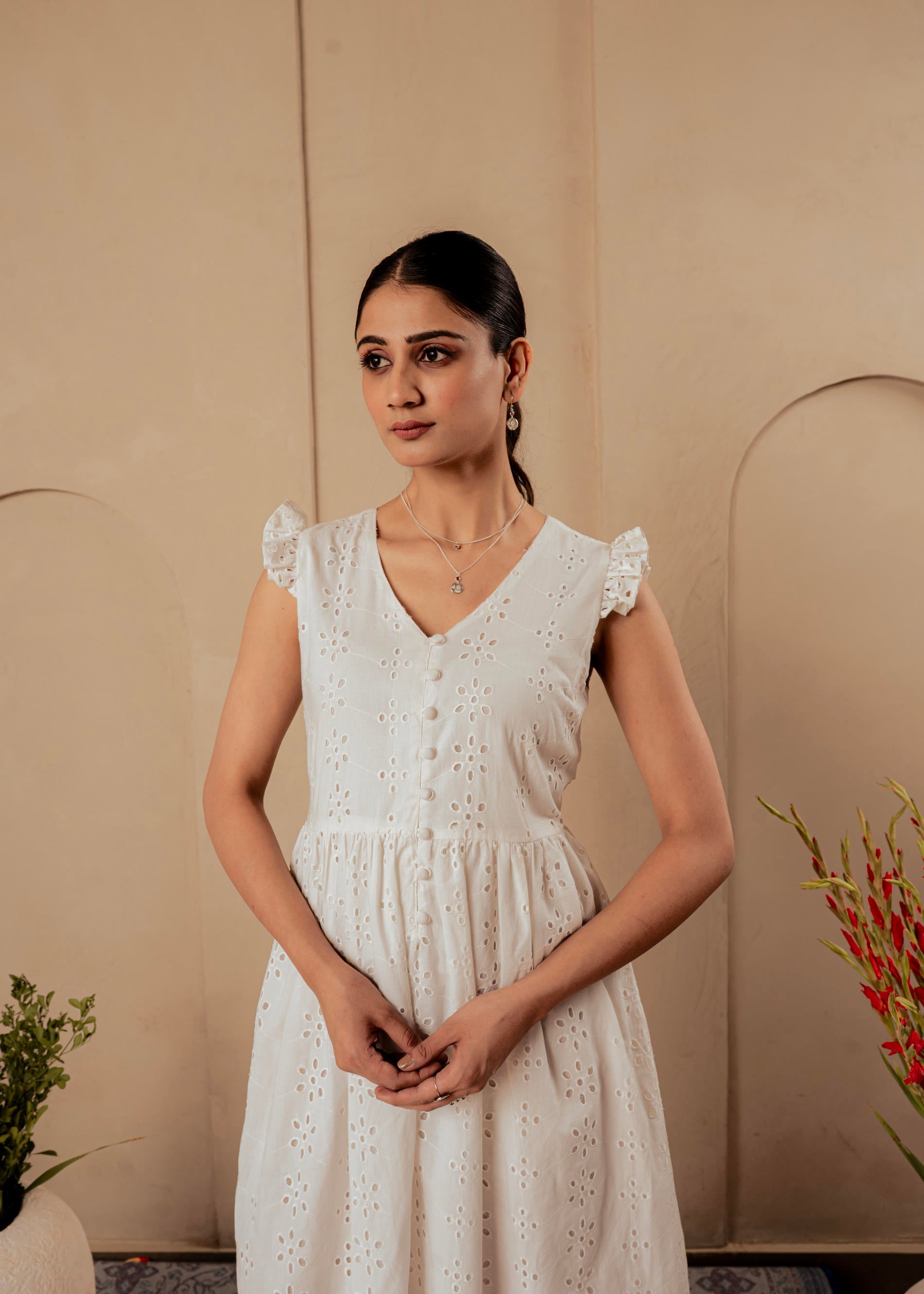 Cotton Midi Dress with Ruffled Sleeves | DesiQlo