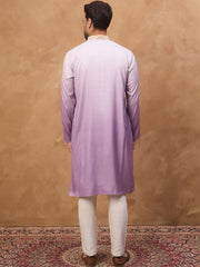 Ethnic Bay Men Purple Silk Blend Solid Embroidered Straight Kurta With Pant Set-MKSET1487