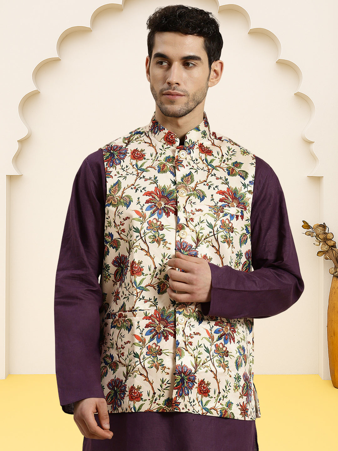 Silk Blend Ethnic Wear Nehru Jacket ( WaistCoat 3001Cream )