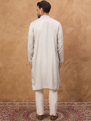 Ethnic Bay Men Grey Silk Blend Solid Embroidered Straight Kurta With Pant Set-MKSET1438