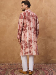 Ethnic Bay Men Brown Silk Blend Shibori Embroidered Straight Kurta With Pant Set-MKSET1539