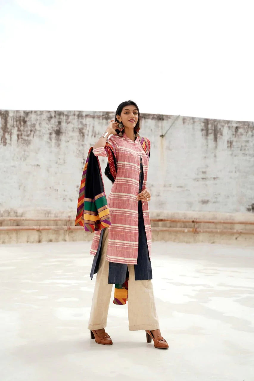 Red & Yellow Striped Cotton Indian Kurta | Women's Kurtas
