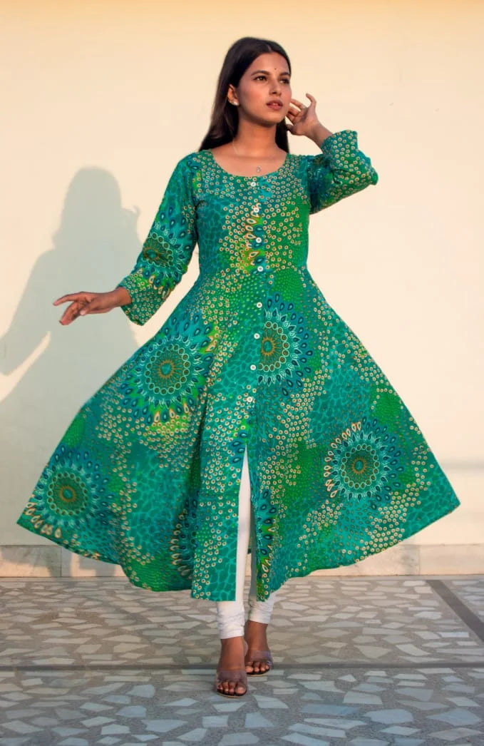 Green & White Printed Indian Kurta for Women | Flared Kurtas