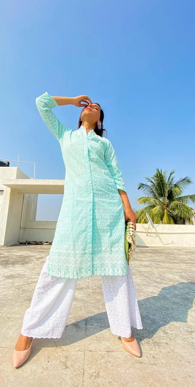 Sky Blue Chikankari Kurta Palazzo Set | Women's Palazzo Sets