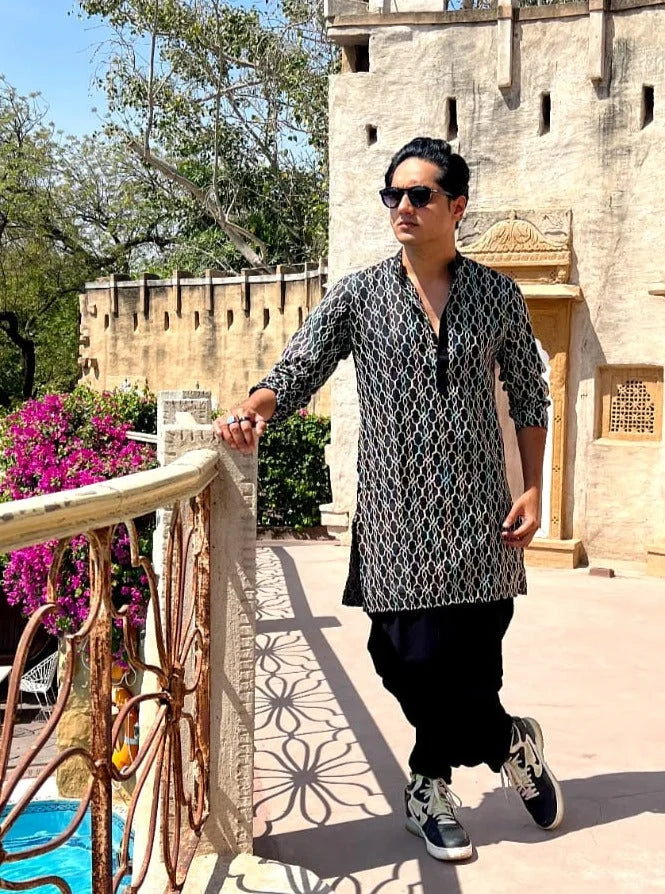Black Embroidered Mens Kurta - Cotton Indian Kurta for Men