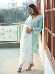 Women Blue Ethnic Motifs Jacquard Kurta with Palazzos & With Dupatta-JOKPL-D31W