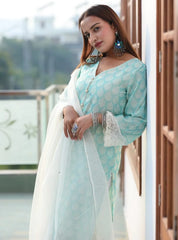 Women Blue Ethnic Motifs Jacquard Kurta with Palazzos & With Dupatta-JOKPL-D31W