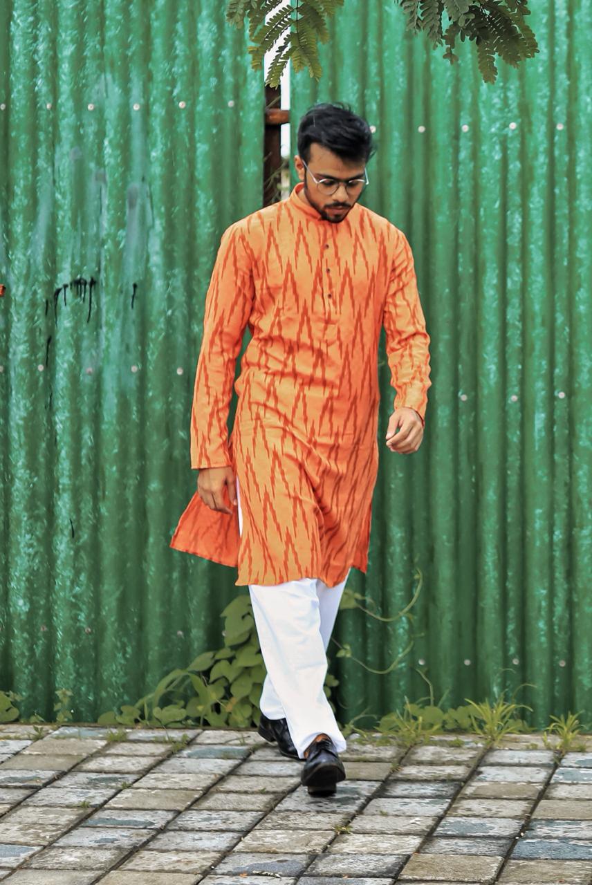 Orange Printed Mens Kurta - Wedding Kurta for Men Style