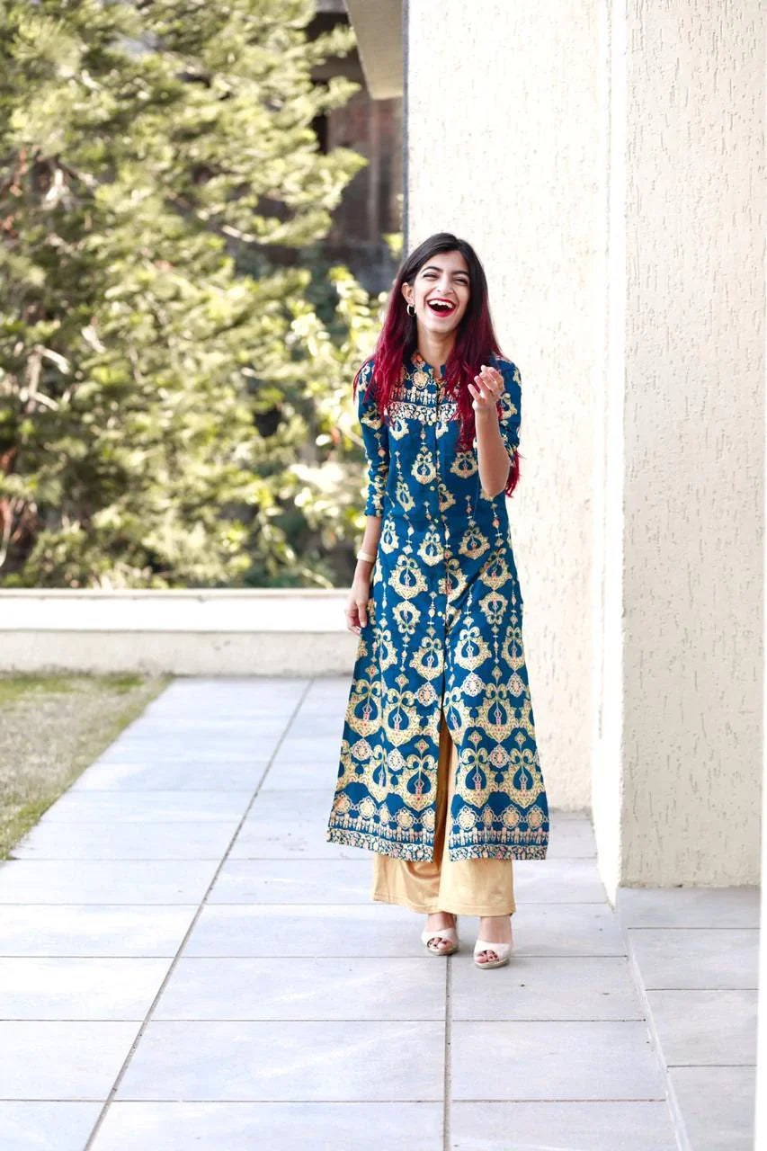 Printed Indian Kurtis - Teal Blue & Green Kurta for Women Online