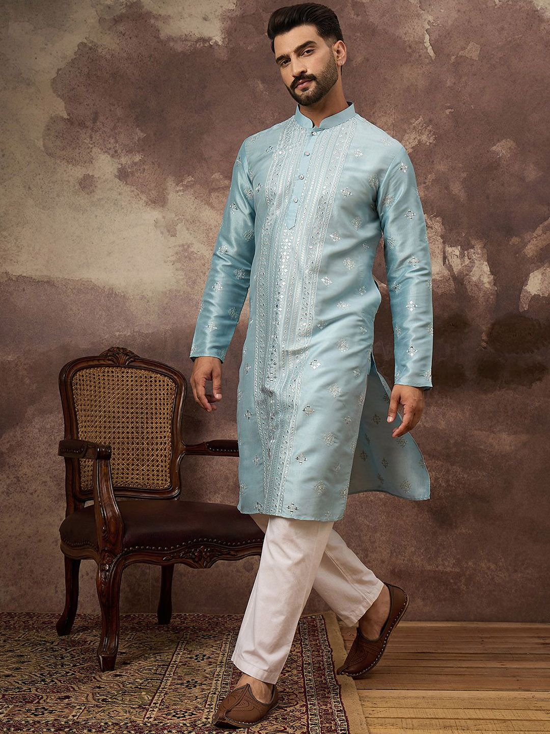 Ethnic Bay Men Blue Silk Blend Solid Embroidered Straight Kurta With Pant Set-MKSET1365