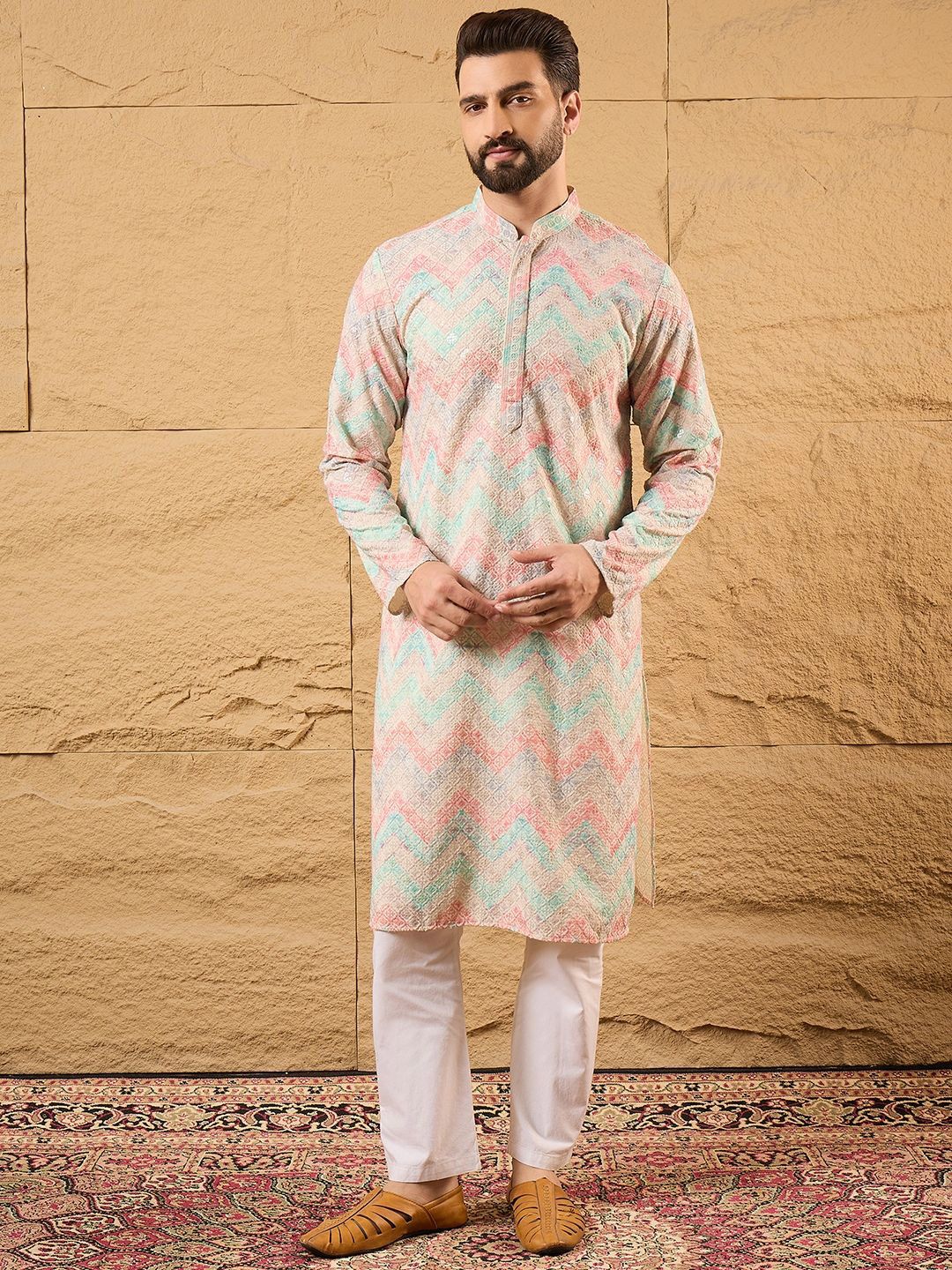 Ethnic Bay Men Multicolour Viscose Rayon Geometric Embroidered Straight Kurta With Pant Set-MKSET1193