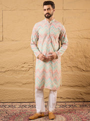 Ethnic Bay Men Multicolour Viscose Rayon Geometric Embroidered Straight Kurta With Pant Set-MKSET1193