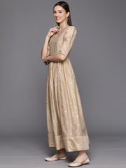 Beige Chanderi Gold Foil Print Dress-AHDRCHGP-996