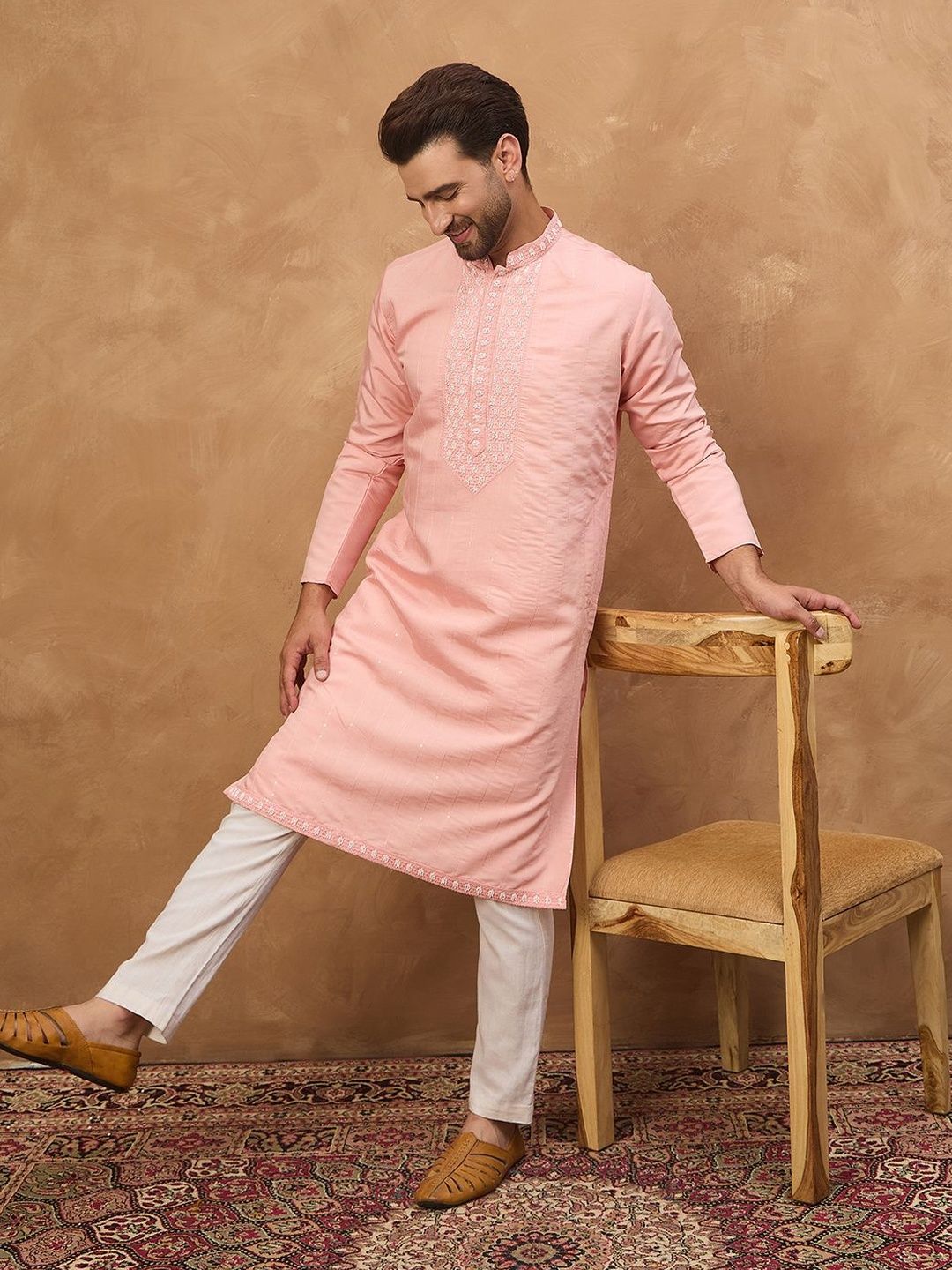 Ethnic Bay Men Peach Silk Blend Solid Solid Straight Kurta With Pant Set-MKSET1506