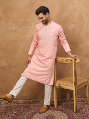 Ethnic Bay Men Peach Silk Blend Solid Solid Straight Kurta With Pant Set-MKSET1506