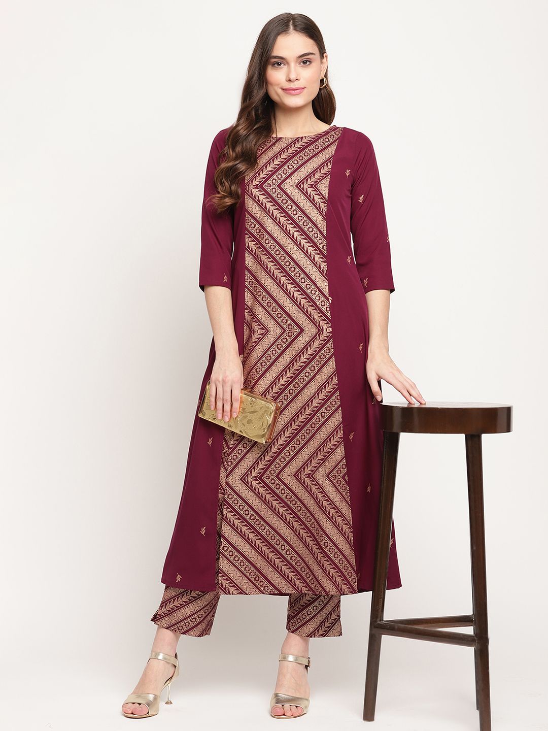 Wine Crepe Gold Glitter Print Kurta Trouser Set-AHKUPN-COMBO-367